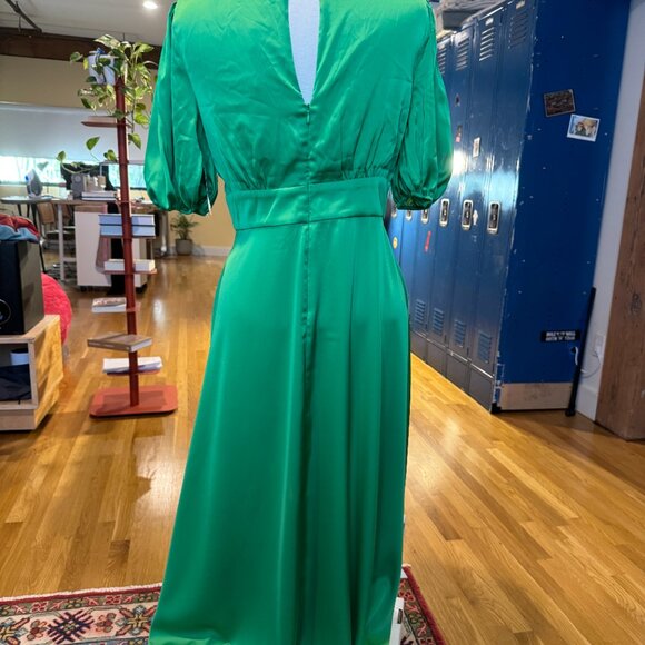 Alexia Admor Green Silky Dress Bust Ruching fitted waist leg slit wedding event - Picture 5 of 7